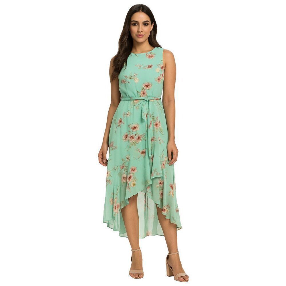 EUC Sandra Darren Pink Floral Print Ruffle High Low Mint Midi Dress